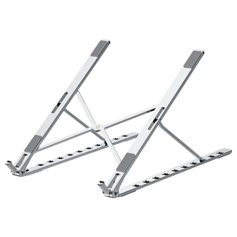 Folding flat aluminium alloy laptop stand in grey, 255x35x13mm, angled to show silicone pads and hinge mechanism