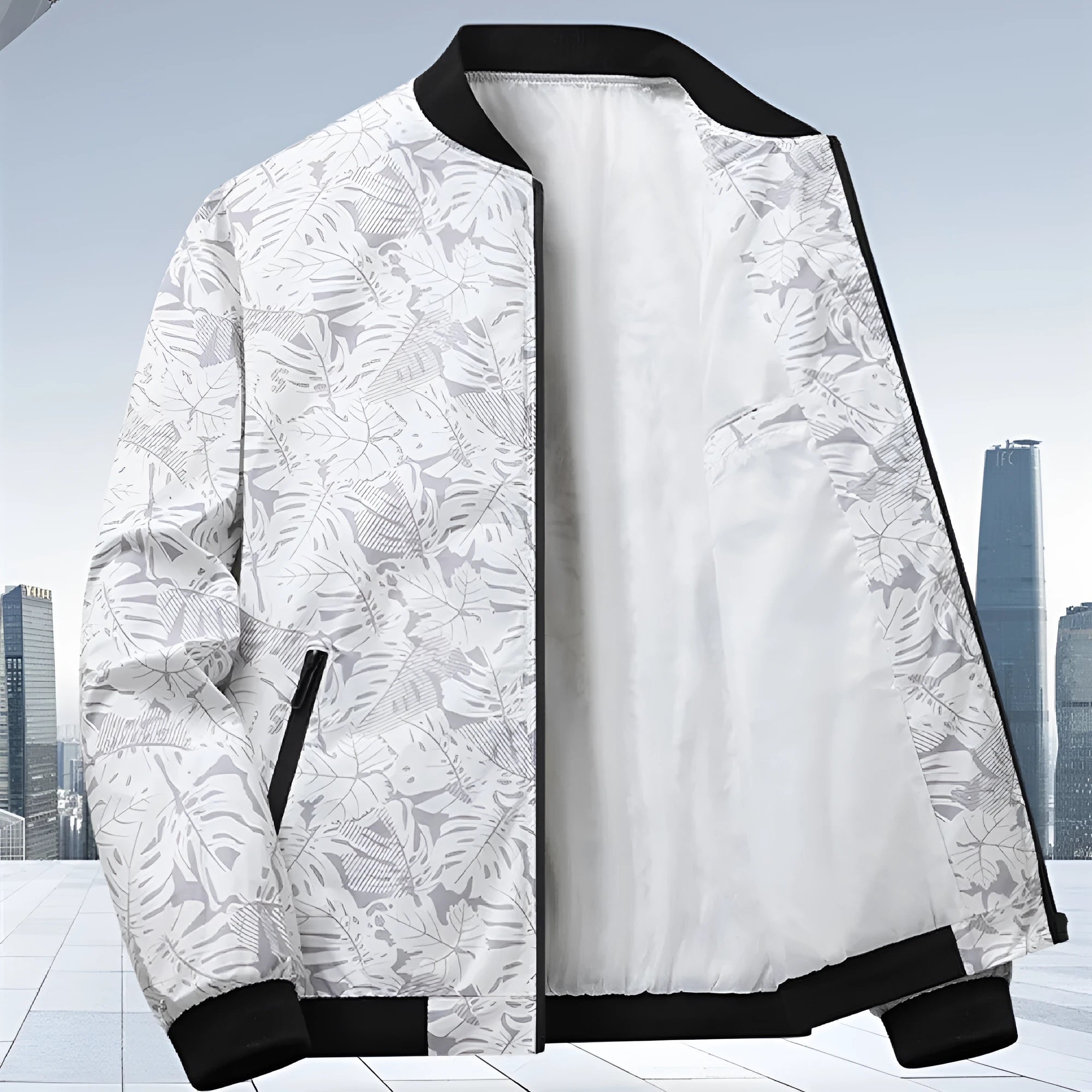 Men's autumn fashion casual jacket with floral pattern in gray, available in sizes M to 4XL, made from polyester