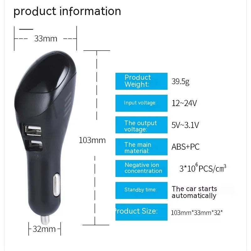 White car USB charger with integrated negative ion air purifier for vehicle cigarette lighter socket