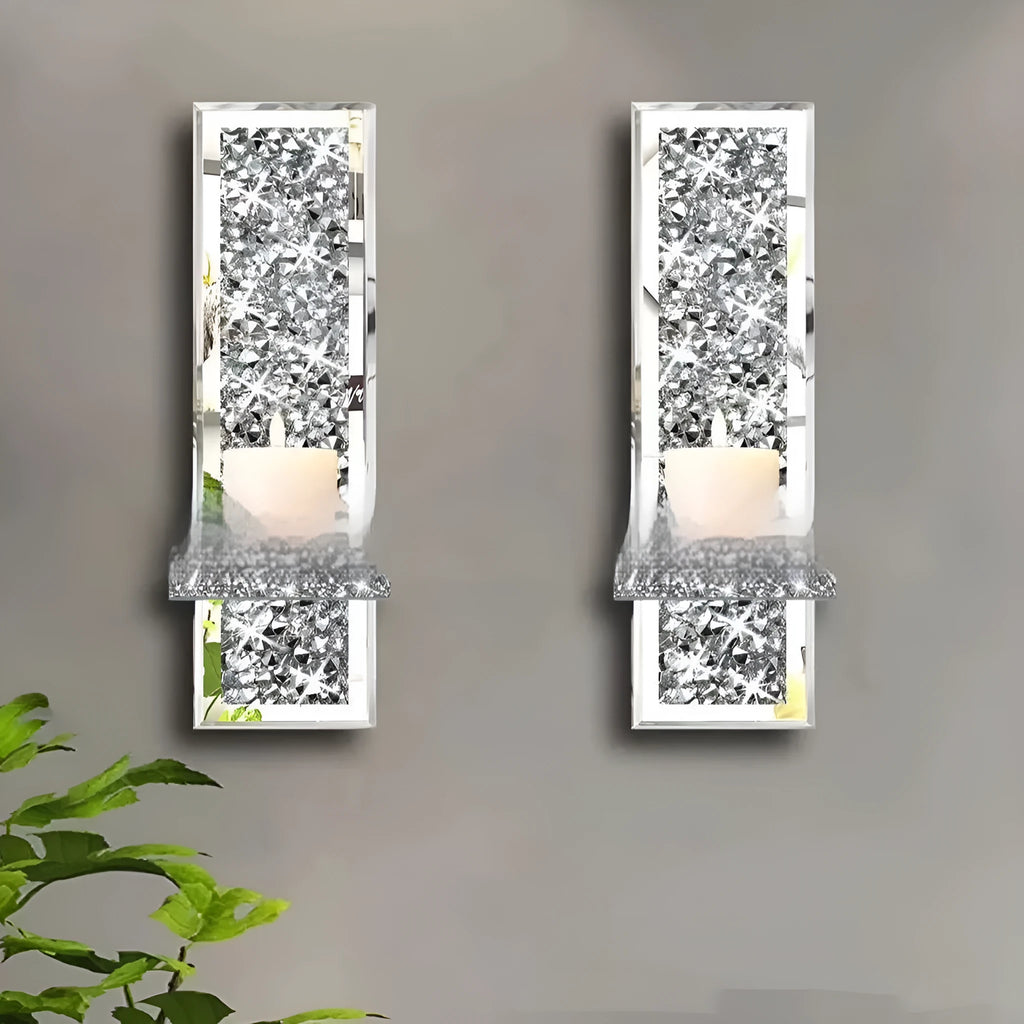 Pair of silver mirror glass candlestick holders mounted on wall for modern home decoration