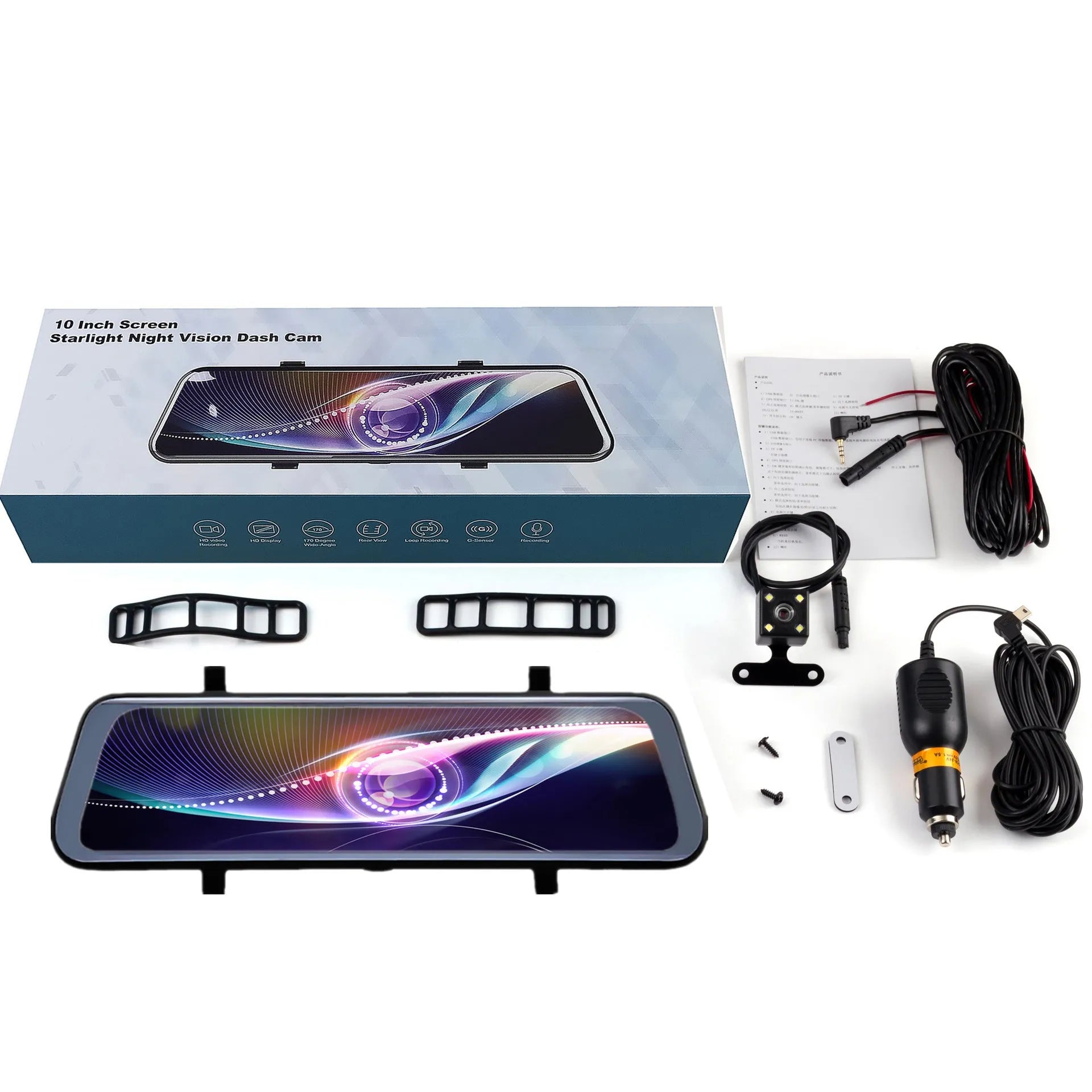 Black rearview mirror driving recorder with large touchscreen display mounted in a car
