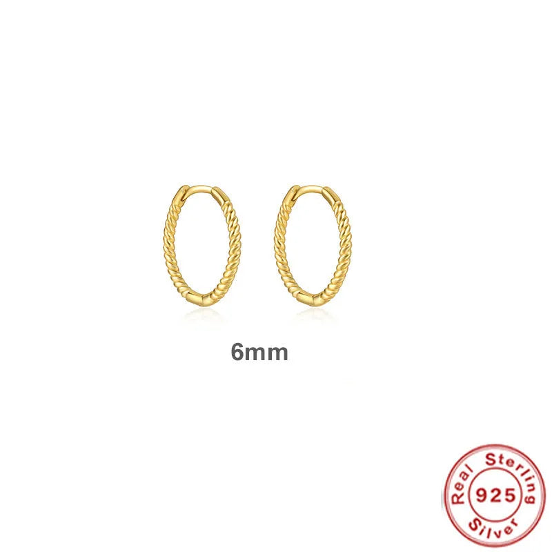 S925 Sterling Silver twisted string round ring earrings in gold or white gold plating, showing geometric design.