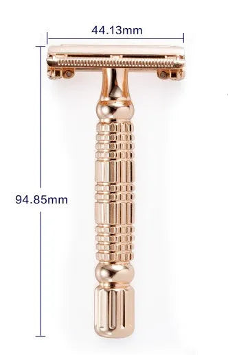 Rose gold chrome plated double edge safety razor with butterfly head in travel storage box with mirror
