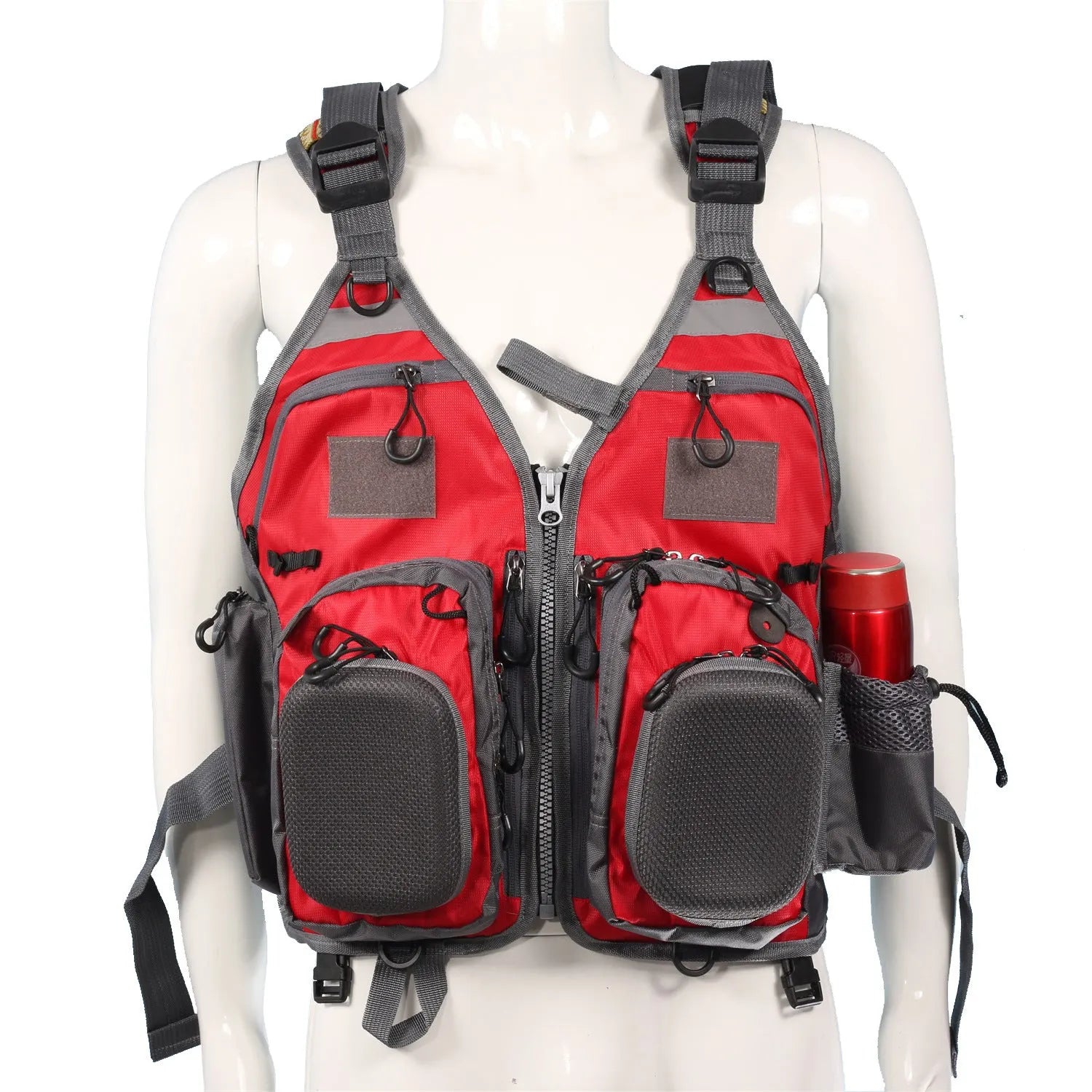 Grey ripstop polyester fishing life jacket with multiple pockets, MOLLE panels, and reflective strips on a mannequin.