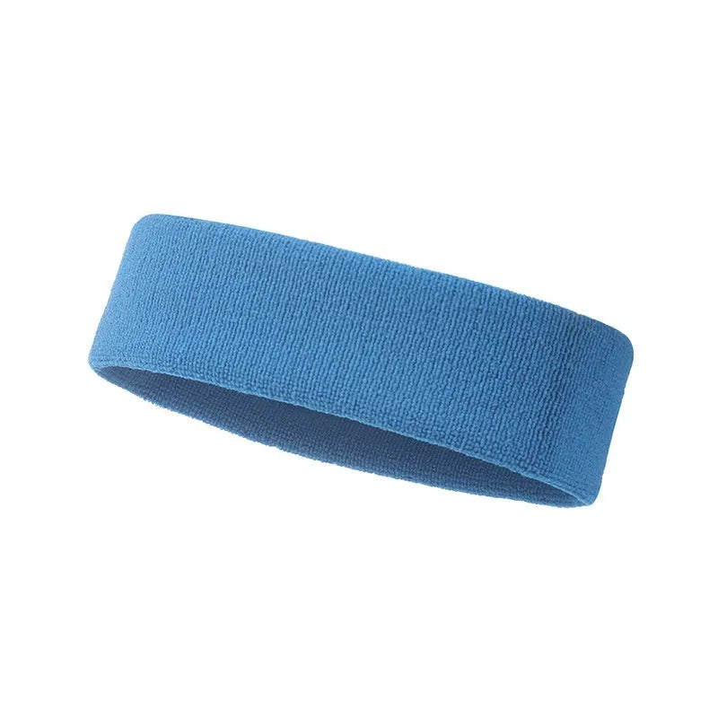 Elastic widening sports sweat headband in solid colours: black, blue, red, rose red, sky blue.