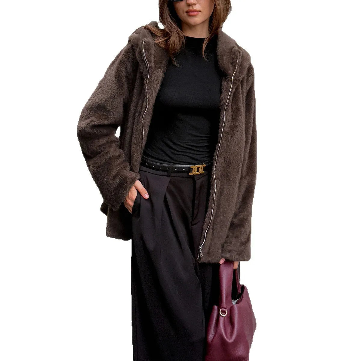 Women's brown polyester coat with faux fur collar long sleeves