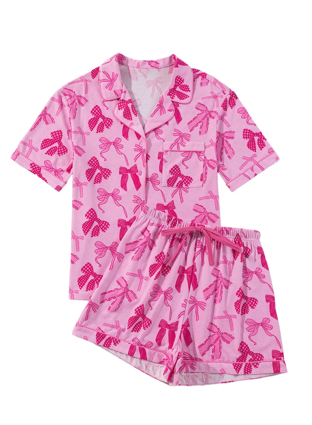 Women's pink polyester pyjama set with bow print detail showing top and matching trousers