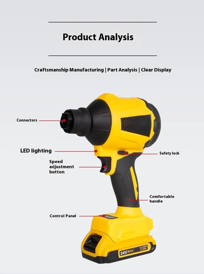 Yellow handheld cordless dust gun for office appliance cleaning with 680W power rating