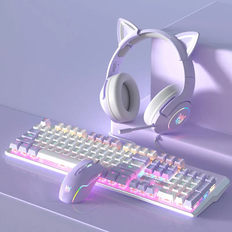 White and purple mechanical keyboard and mouse wired combo set with backlight illumination