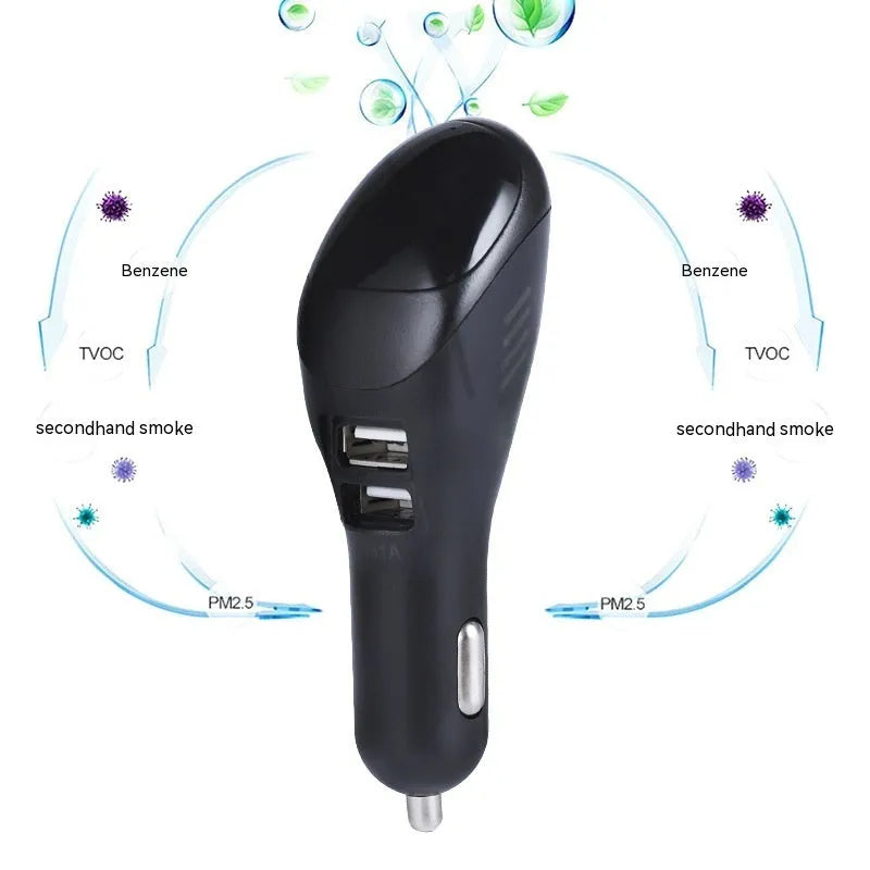 White car USB charger with integrated negative ion air purifier for vehicle cigarette lighter socket