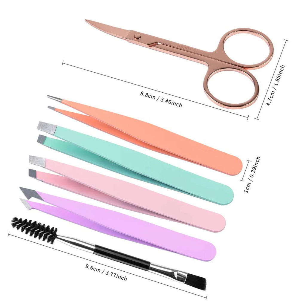 Professional six-piece stainless steel eyebrow tweezers set with curved scissors and leather case.