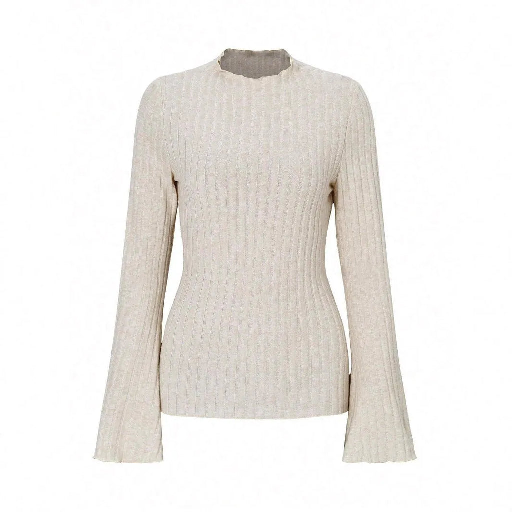 Long sleeve round neck top in brushed polyester with lantern sleeves and sunken stripe pattern