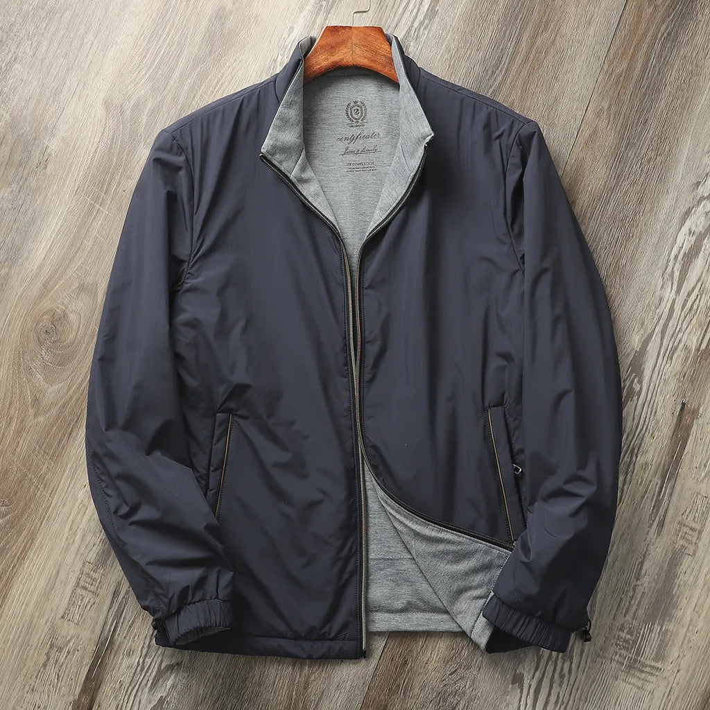 Men's simple stand collar jacket in a polyester blend, shown in Army Green colour.