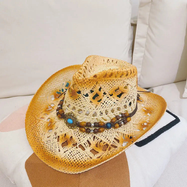 Straw hat for women in brown with satin weave and stitching details