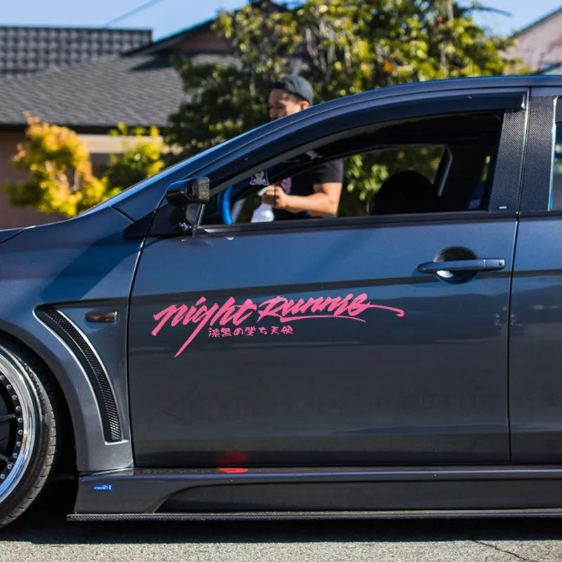 Nightwalker Car Decal rear windscreen sticker shown in black, colourful, and pink colour options.