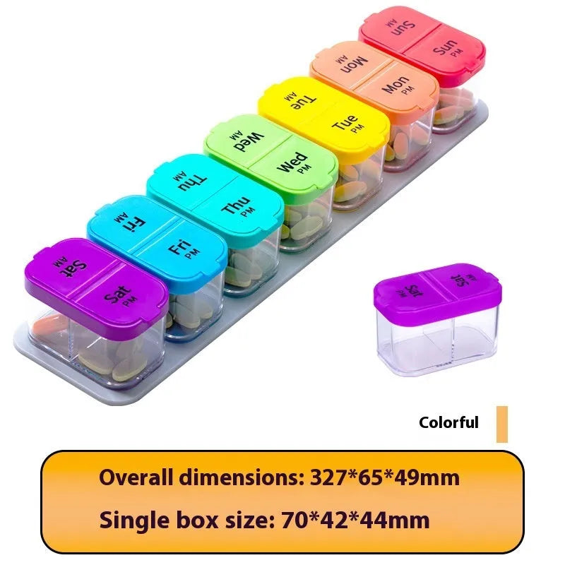 Portable 14-compartment pill box dispenser with removable sections in white or rainbow colours
