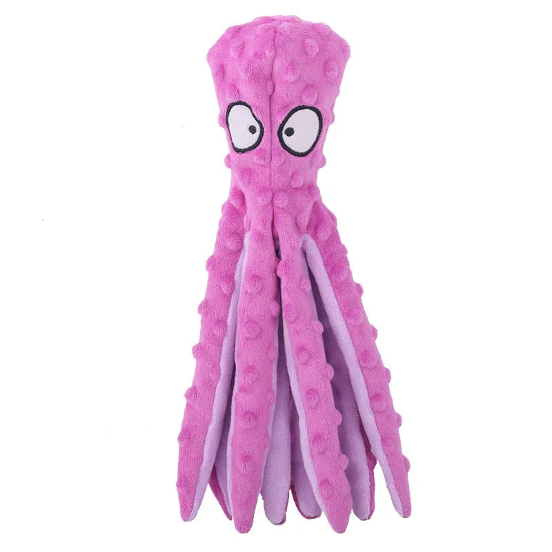 Blue octopus dog squeaky toy with no stuffing measuring 32cm long