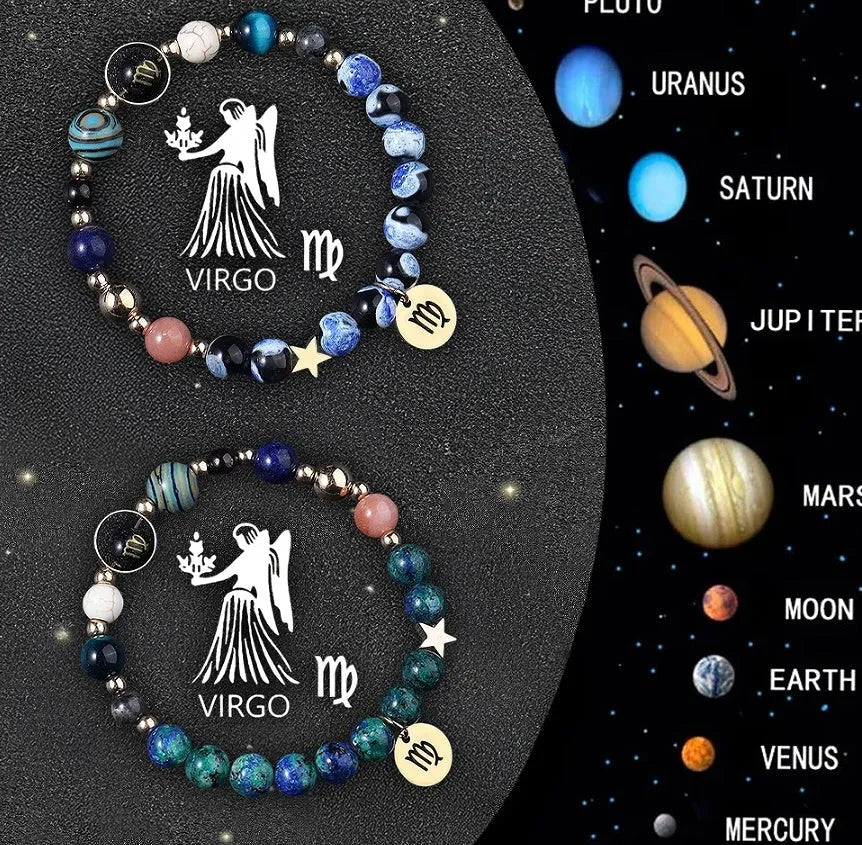 Set of twelve beaded bracelets for each zodiac sign with natural stone and crystal beads.