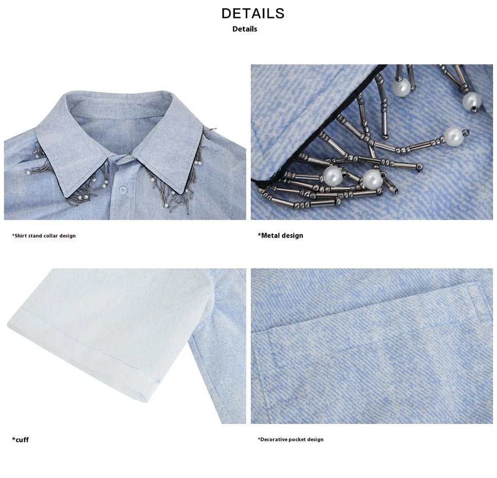 Men's loose fit blue and white gradient shirt with quilted design and short sleeves