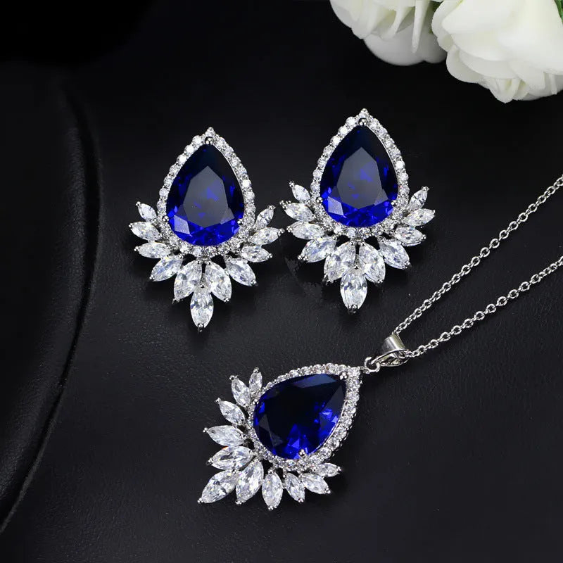 Gold-tone wedding jewellery set with AAA chain necklace and earrings in blue, red, or white