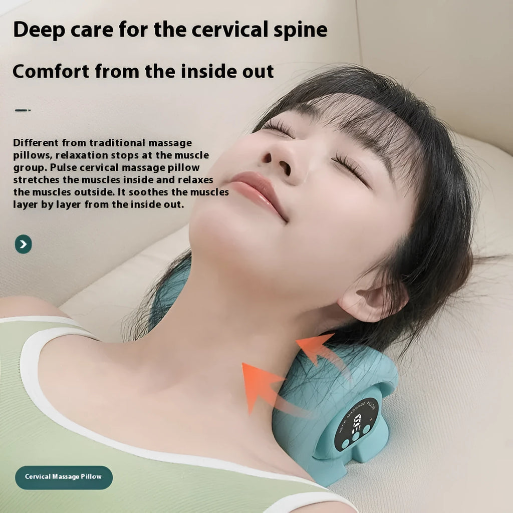 Blue-green cervical massage pillow with EMS, heat, and vibration functions for neck and shoulder relief