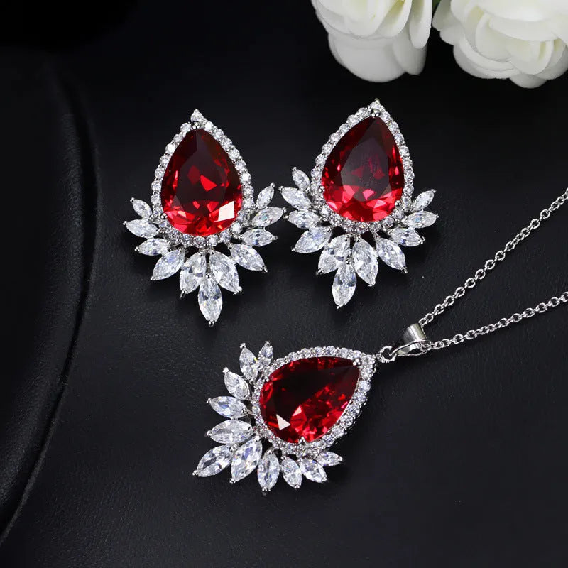 Gold-tone wedding jewellery set with AAA chain necklace and earrings in blue, red, or white