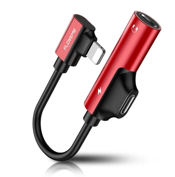 Lightning audio charging adapter in anodised aluminium alloy, 5V1A, black, with dual Lightning ports for charging and earphones