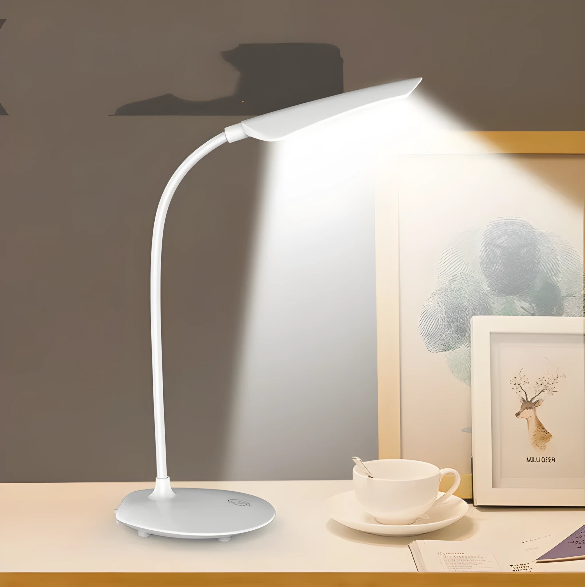 White LED desk lamp with USB charging and touch switch on a desk