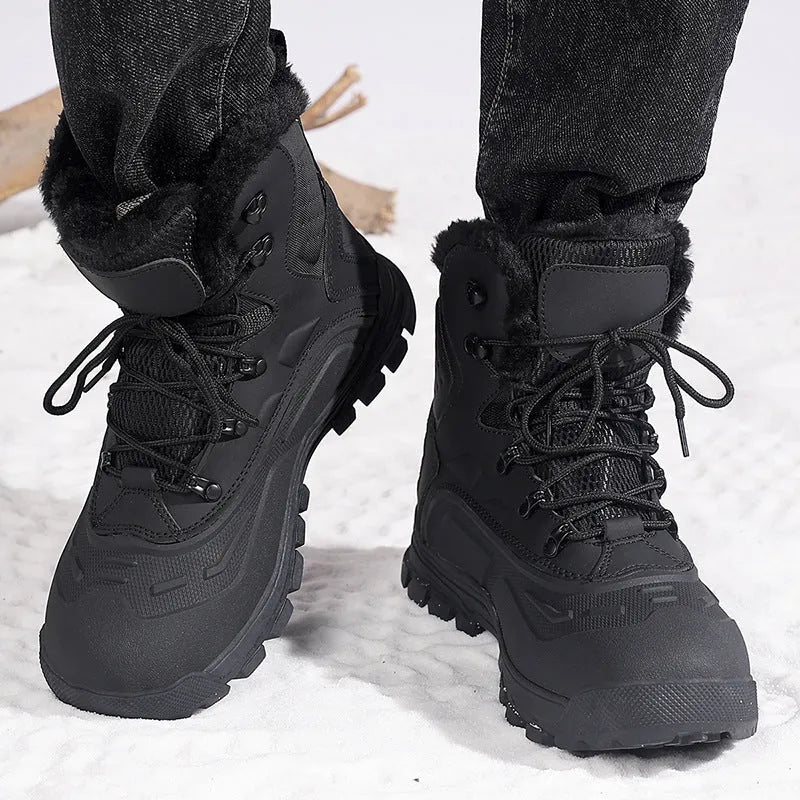 Black plus size men's high-top boots with fleece lining and front lace-up closure on a flat TPR sole.
