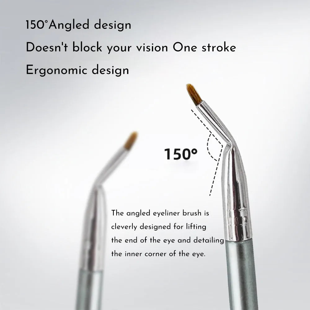 Close-up of a bent-head makeup brush with a fine, angled tip for eyeliner and detail work.