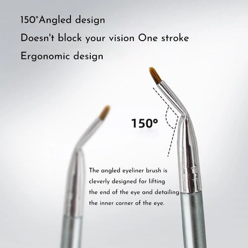 Close-up of a bent-head makeup brush with a fine, angled tip for eyeliner and detail work.