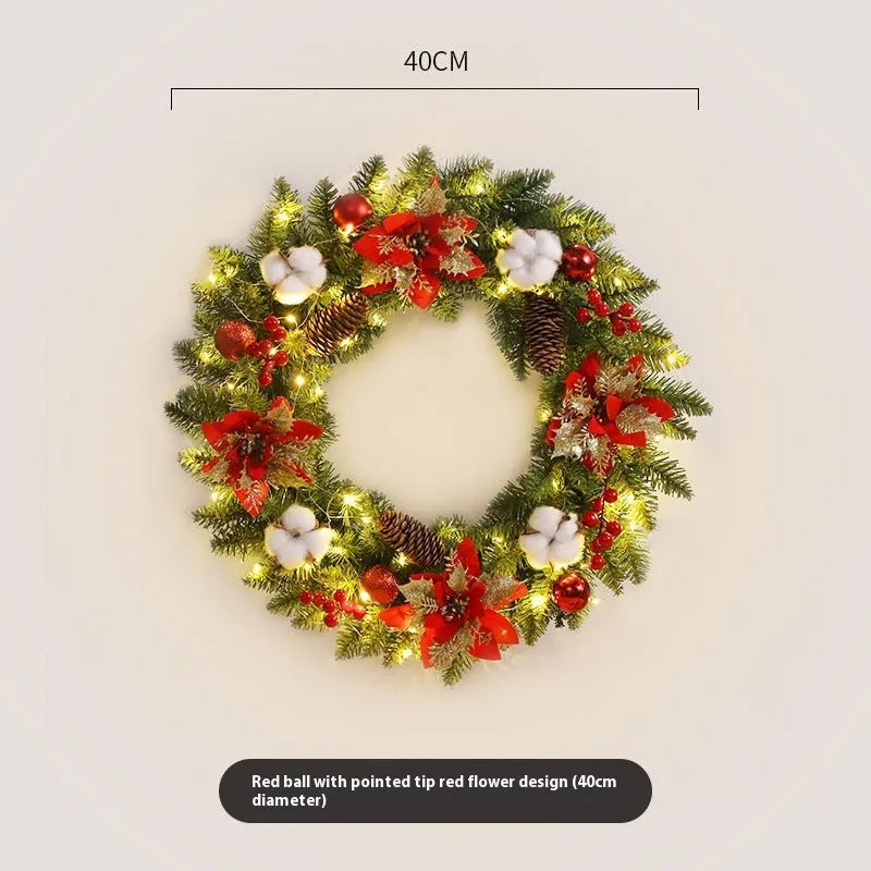 Christmas wreath 40cm diameter handmade PVC with lights red ball flower on door
