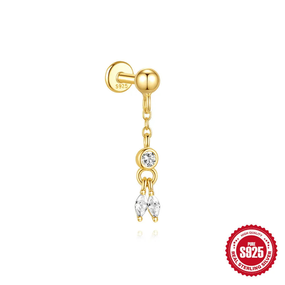 S925 sterling silver water drop shaped earring with a flat spiral puncture pattern, in a gold tone finish.