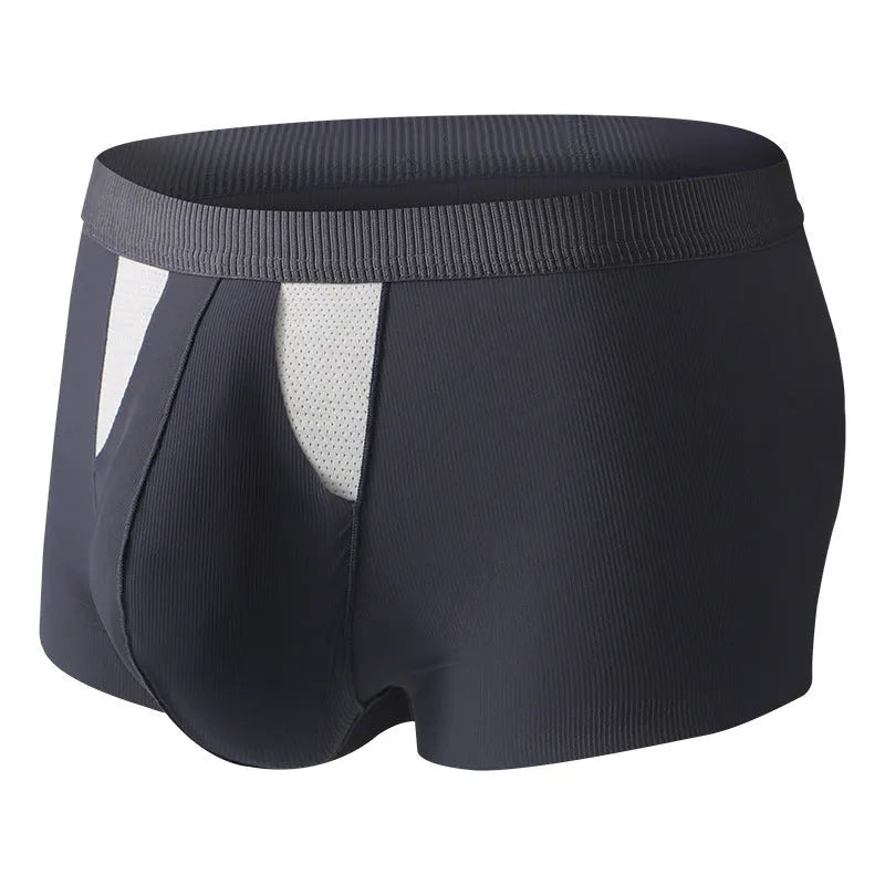Men's black and grey ice silk double-layer underwear shorts showing the hole bag design for moisture separation.