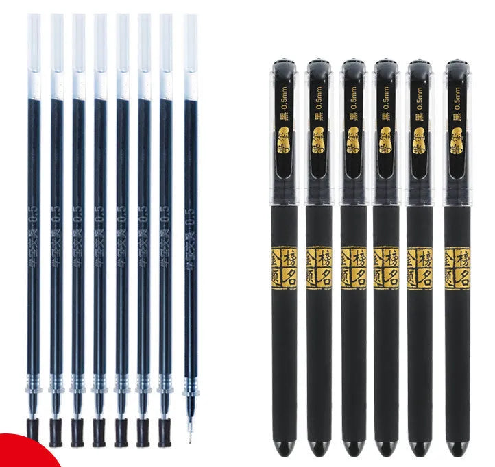 8-pack of black gel pens with snap-on caps, showing needle tip and bullet tip options.