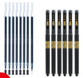 8-pack of black gel pens with snap-on caps, showing needle tip and bullet tip options.