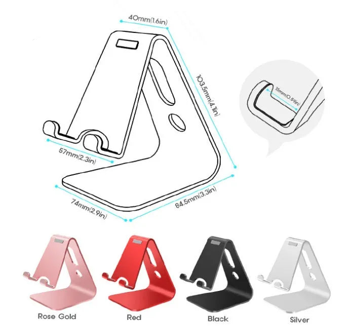 Metal aluminium alloy phone stand holding a mobile phone, available in black, red, rose gold, and silver colours