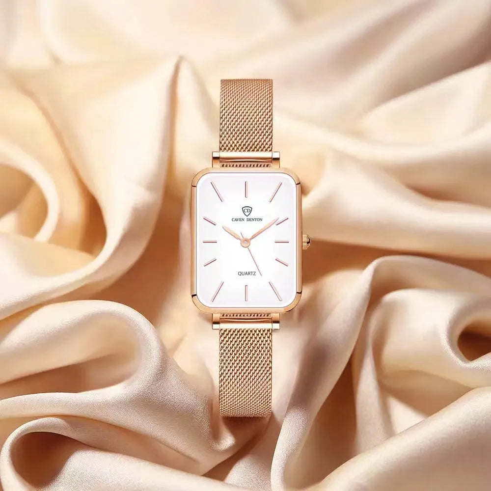 Women's waterproof quartz watch with 34mm alloy case and woven steel strap in rose gold colour