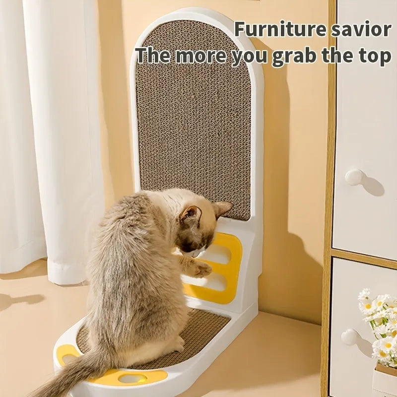 L-shaped vertical cat scratching board in green colour on a wooden floor