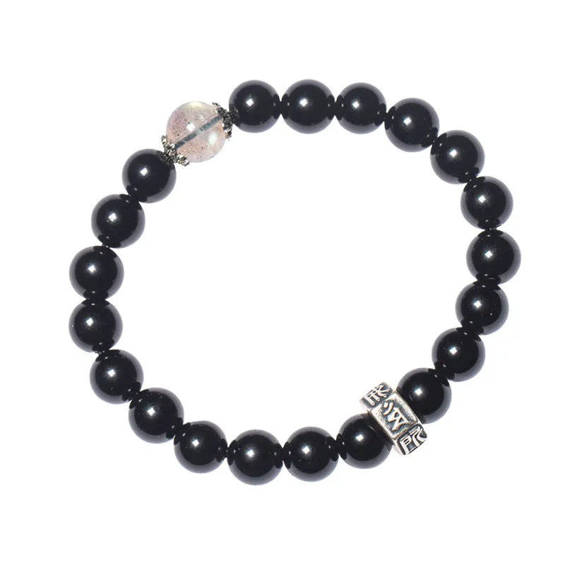 Obsidian zodiac bracelet with 8mm beads showing ethnic styling and traditional Chinese animal symbolism