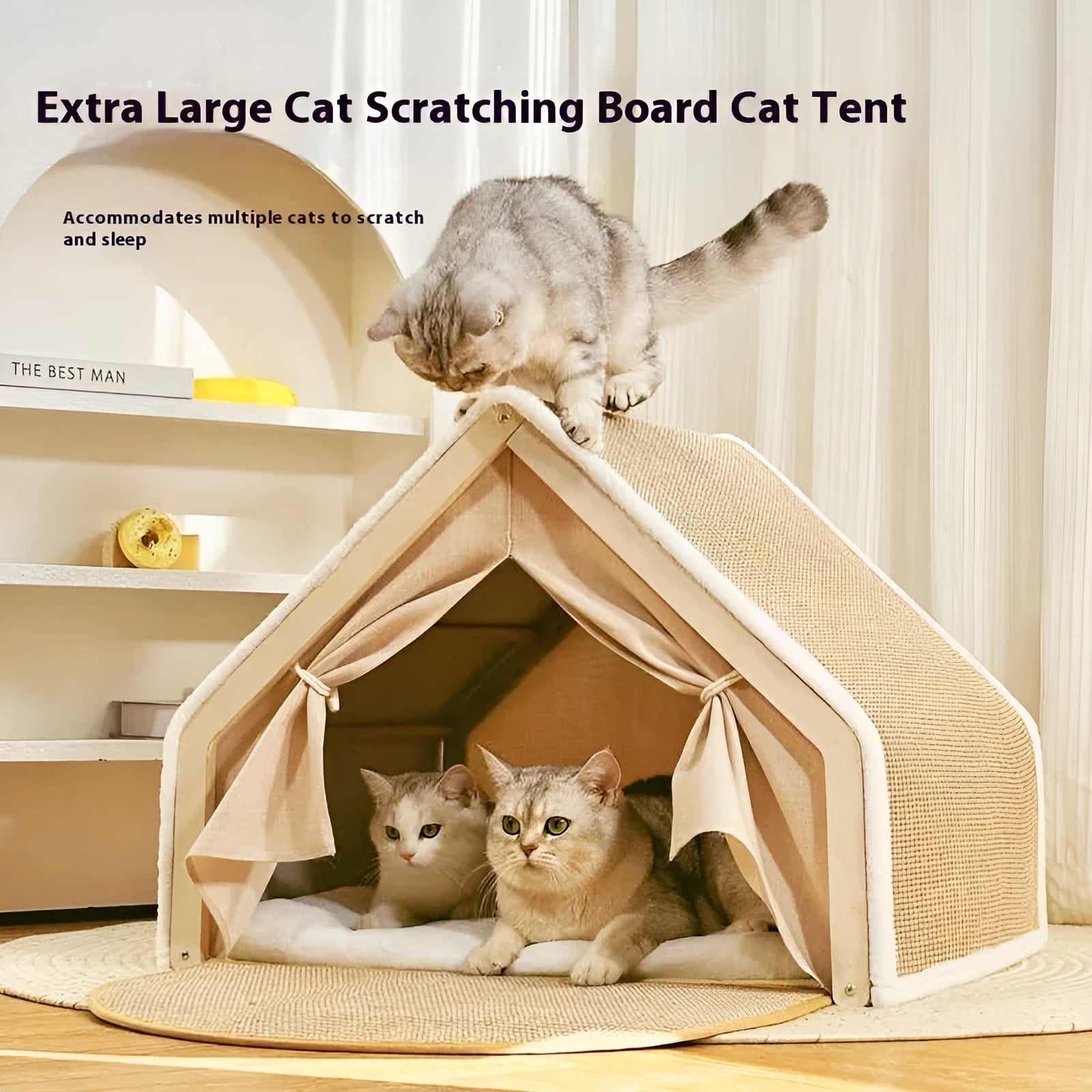 Windproof sisal cat tent with solid wood frame, large size, for indoor scratching and resting.