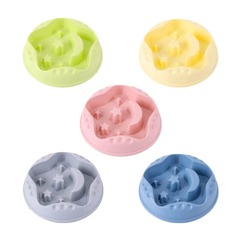 Moon star wings design slow feed dog bowl with interior ridges, non-slip base, in blue colour