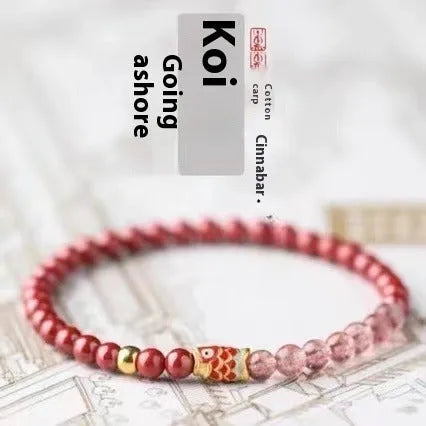 Purple cinnabar and strawberry quartz bracelet with koi and peach blossom Chinese lucky symbols