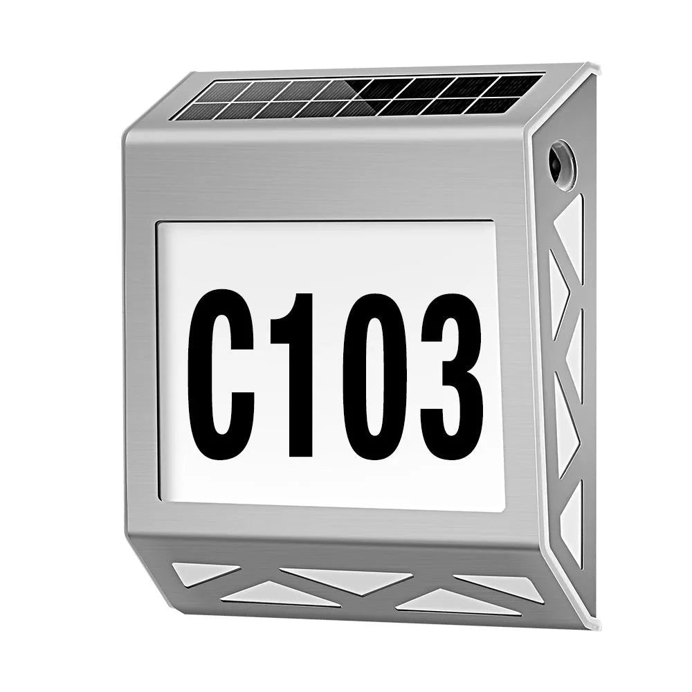 Black solar-powered metal doorplate light with LED house numbers and digital clock display