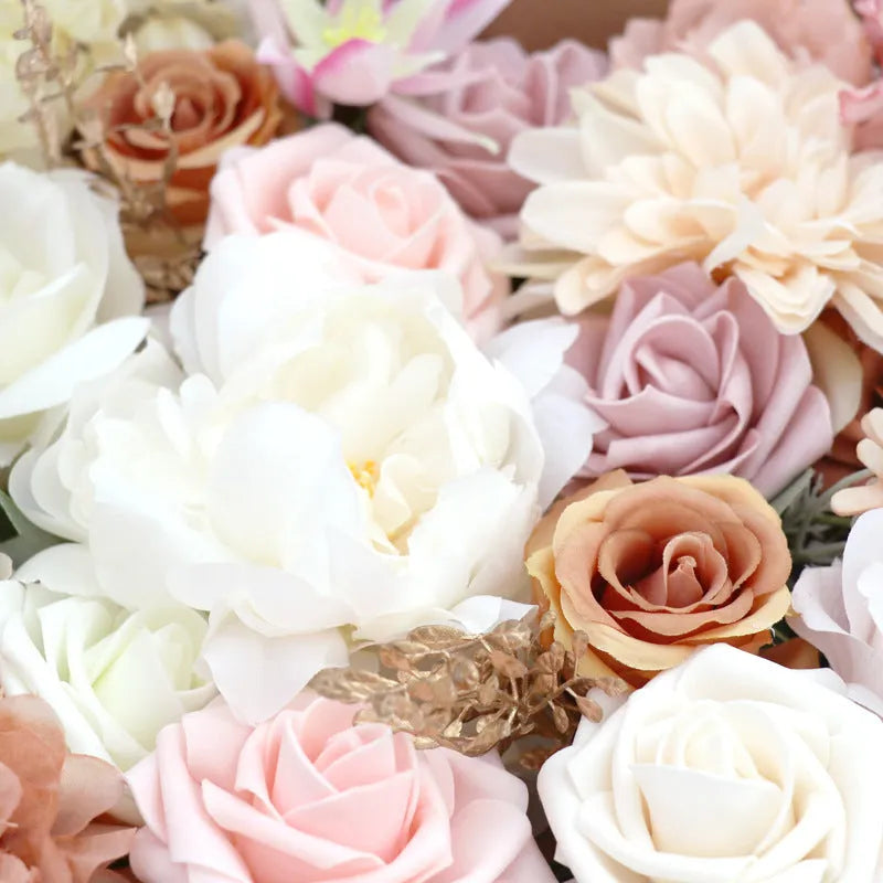 Lotus Pink Champagne rose silk flower box wedding gift bouquet in box