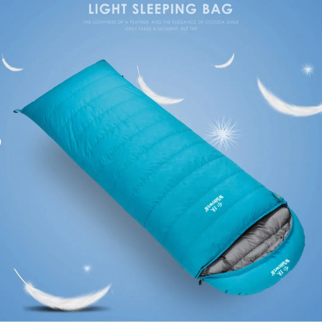 Black outdoor down sleeping bag with envelope structure for adults, shown with white goose down filler.