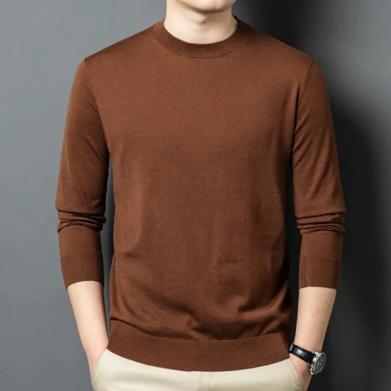 Men's round neck long sleeve wool sweater in a pullover style for winter.