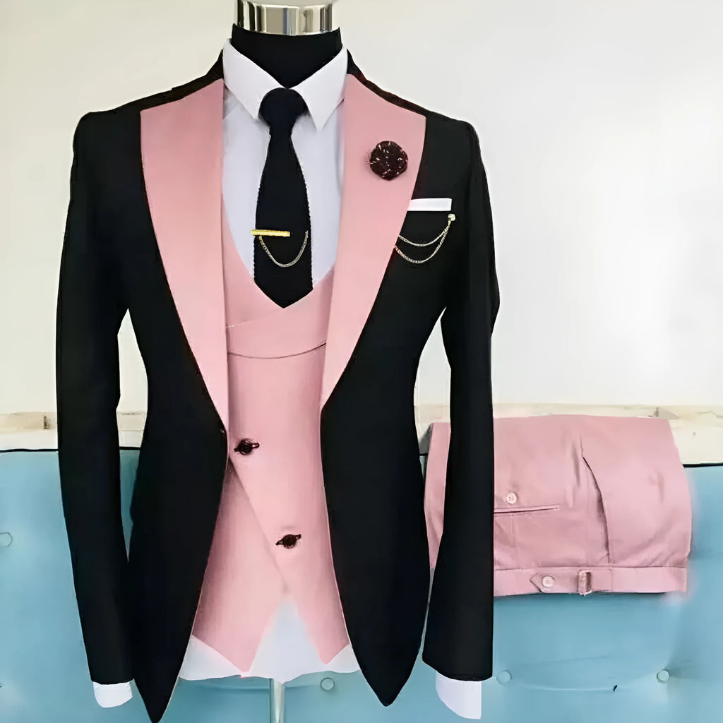 Men's slim fit three-piece business suit in cotton, showing coat, vest, and trousers on a hanger.