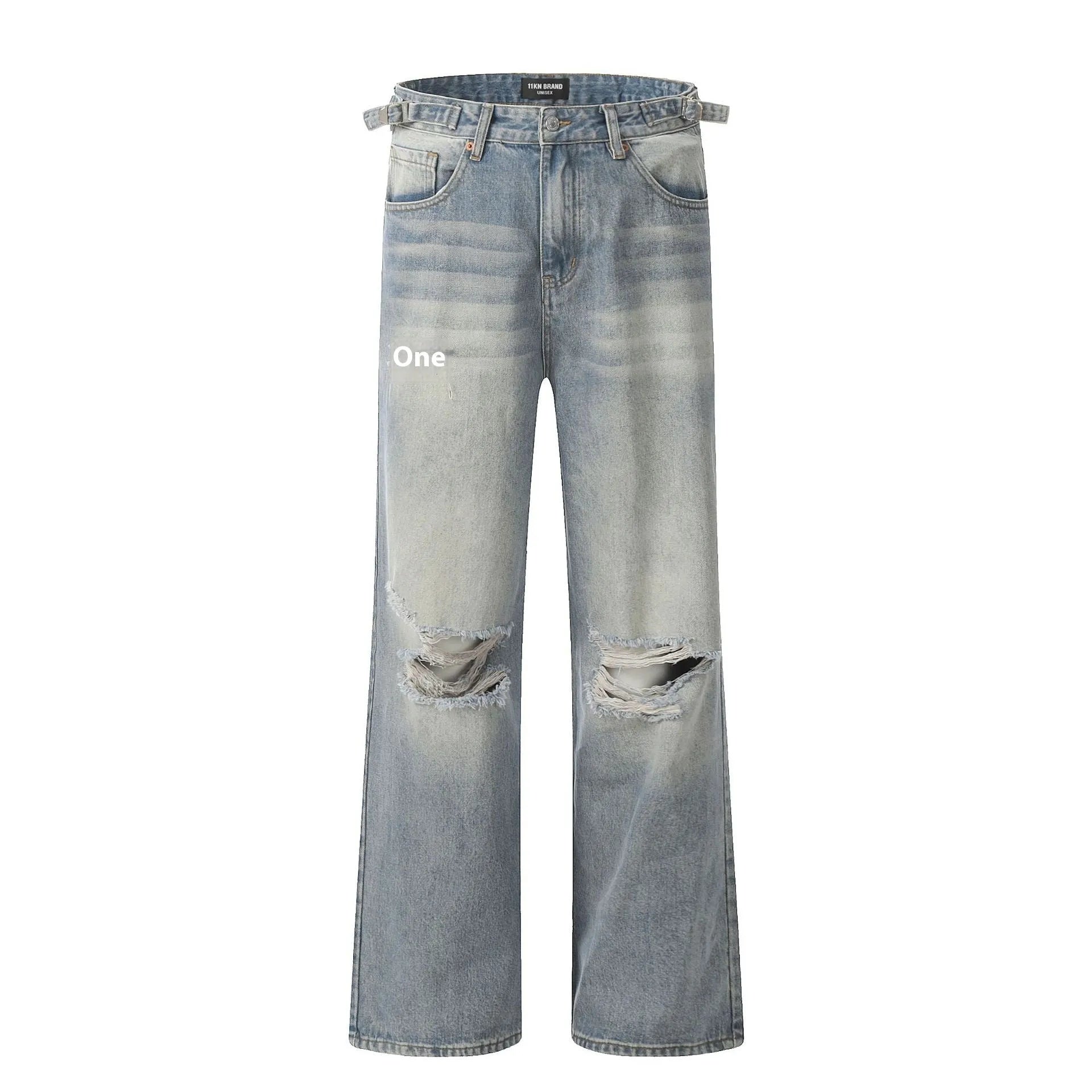 Denim blue straight-leg jeans with ripped details and zip fly closure