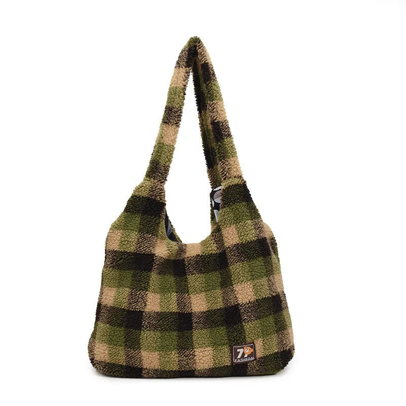 Women's plaid pattern crossbody tote bag in soft plush material with 40x44x9cm dimensions
